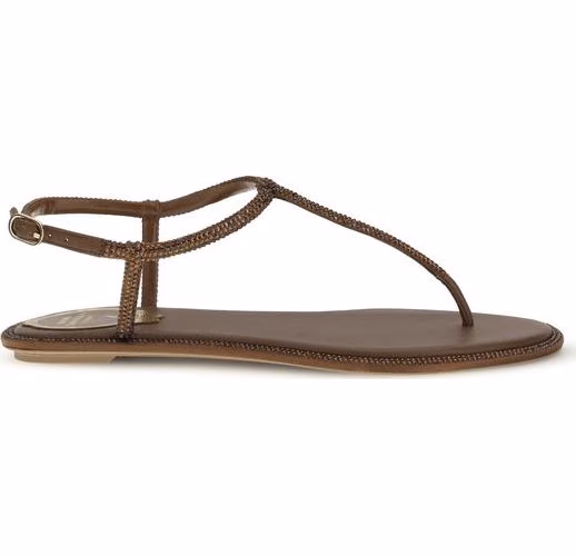 RENE CAOVILLA Brown Satin Flat Sandals