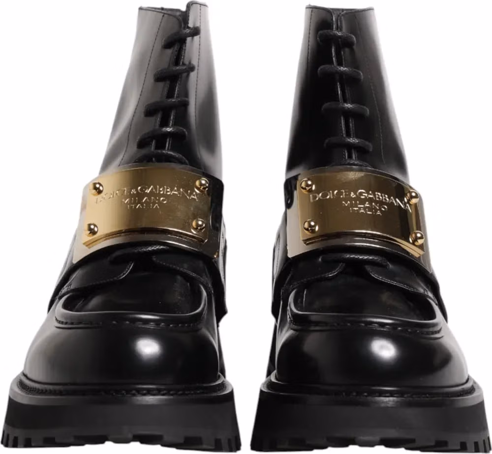 Dolce & Gabbana Black Leather DG Plaque Lace Up Boots Shoes