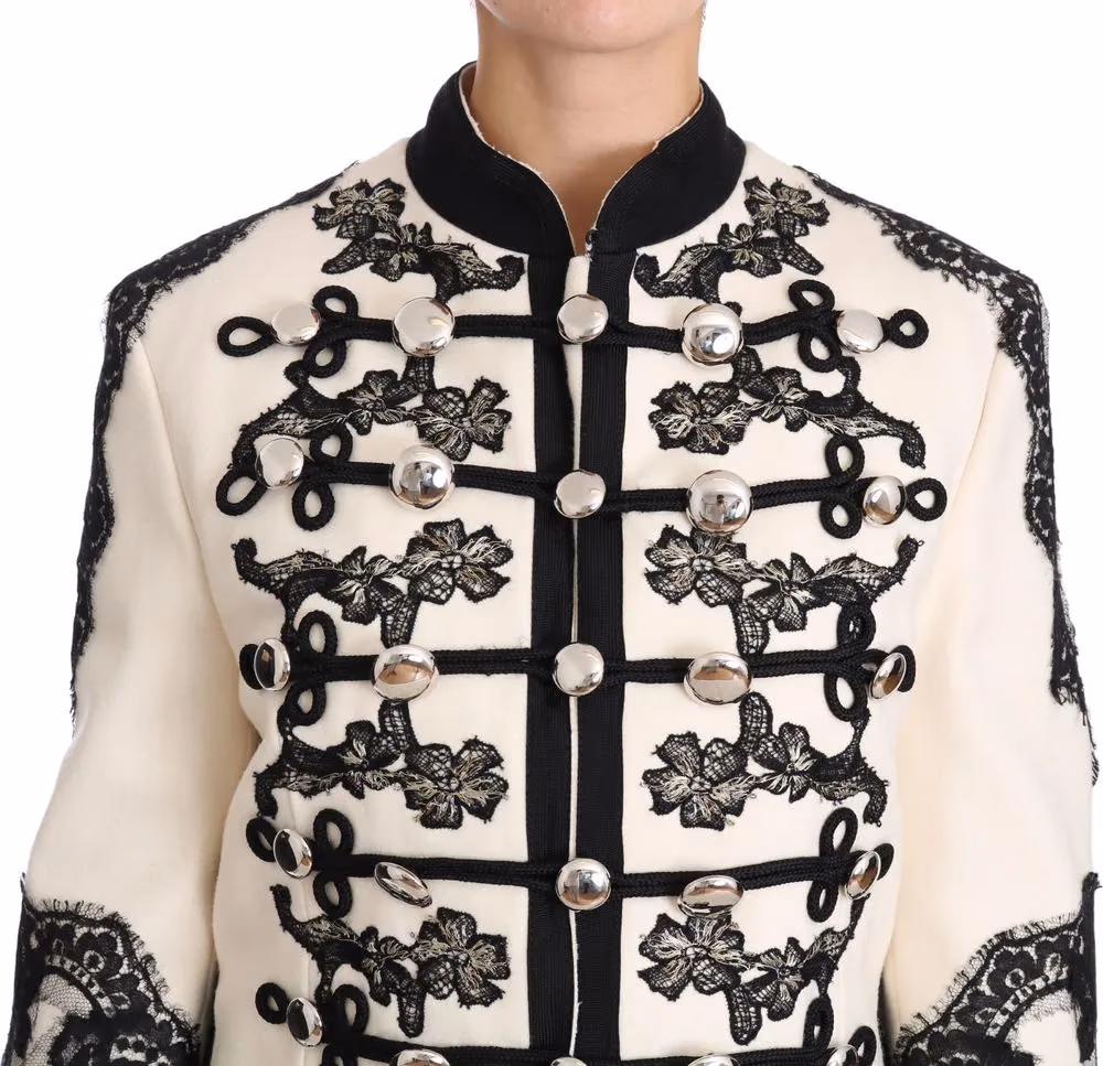 Dolce & Gabbana White Wool Black Floral Baroque Jacket