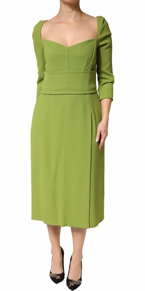 Dolce & Gabbana Green Silk Sweetheart Neckline Midi  Dress