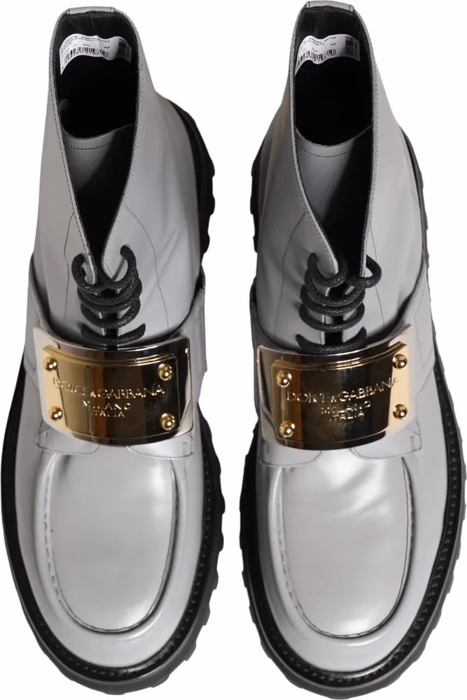 Dolce & Gabbana Gray Leather Logo Plaque Ankle Boots Shoes