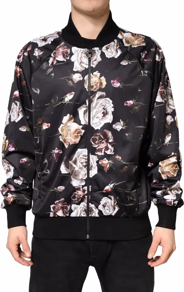 Dolce & Gabbana Black Floral Polyester Full Zip Bomber Jacket