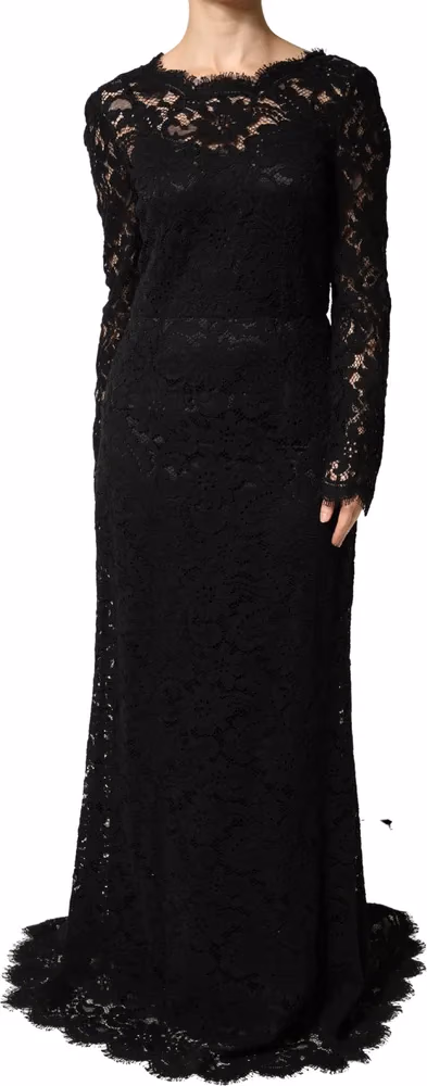 Dolce & Gabbana Black Lace Long Sleeves Cotton Maxi Dress