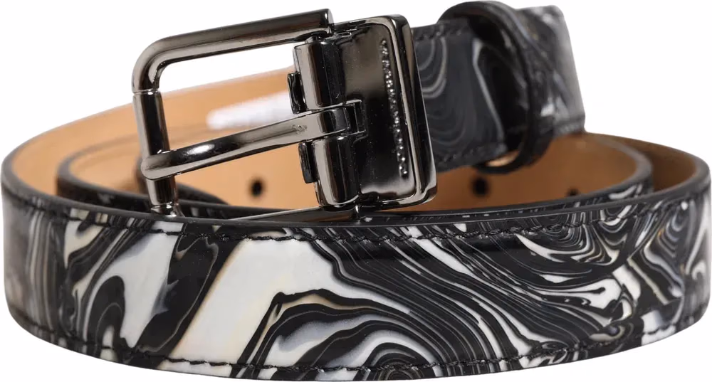 Dolce & Gabbana Men Black Marble Leather Metal Buckle Belt