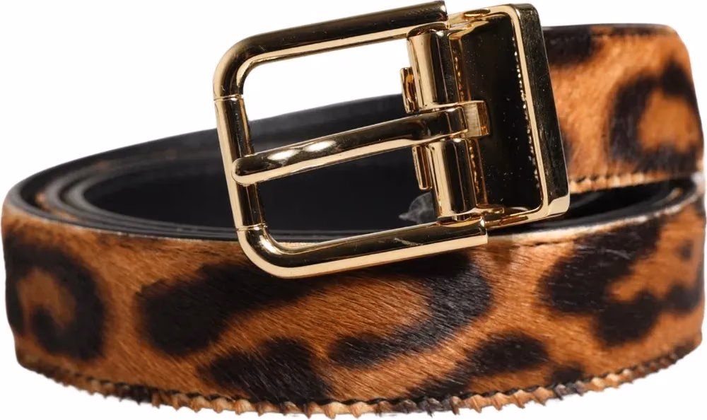 Dolce & Gabbana Brown Calf Fur Leopard Metal Buckle Belt