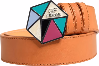 Orange Leather Hexagon Metal Buckle Waist Women Belt
