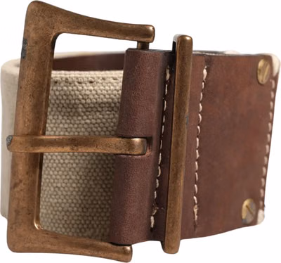 Beige Brown Leather Canvas Metal Buckle Belt
