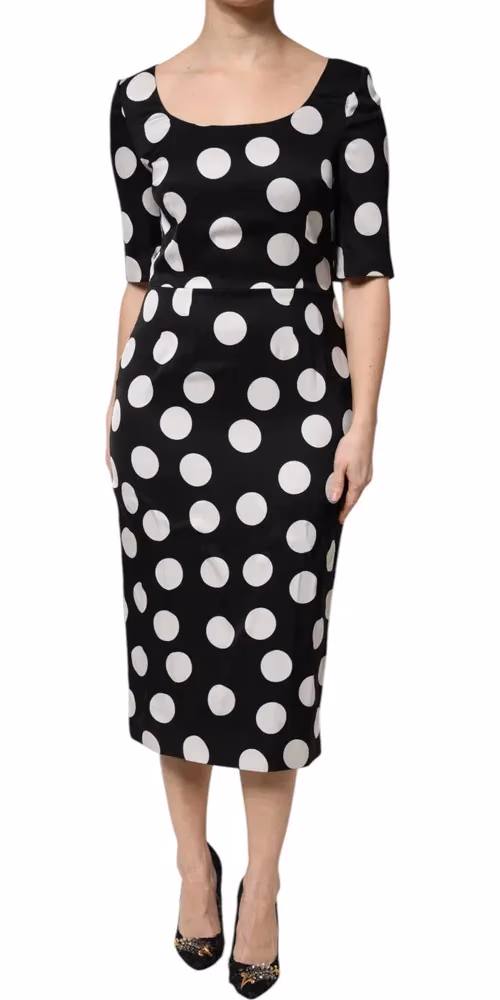 Dolce & Gabbana Black White Polka Dot Silk Sheath Midi Dress