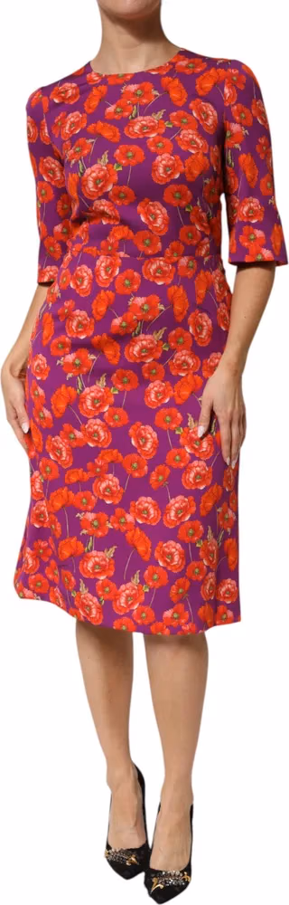 Dolce & Gabbana Purple Silk Floral Print Midi Sheath Dress
