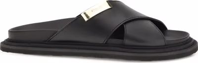 Black Calf Leather Bos Taurus Flat Sandals