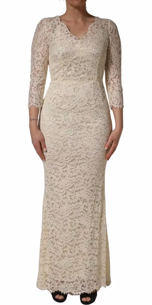 Dolce & Gabbana Off White Floral Lace Sheath Maxi Dress