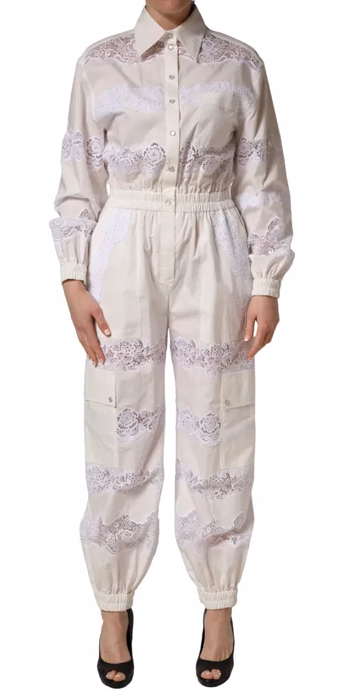 Dolce & Gabbana White Cotton Lace Trim Long Sleeves Jumpsuit