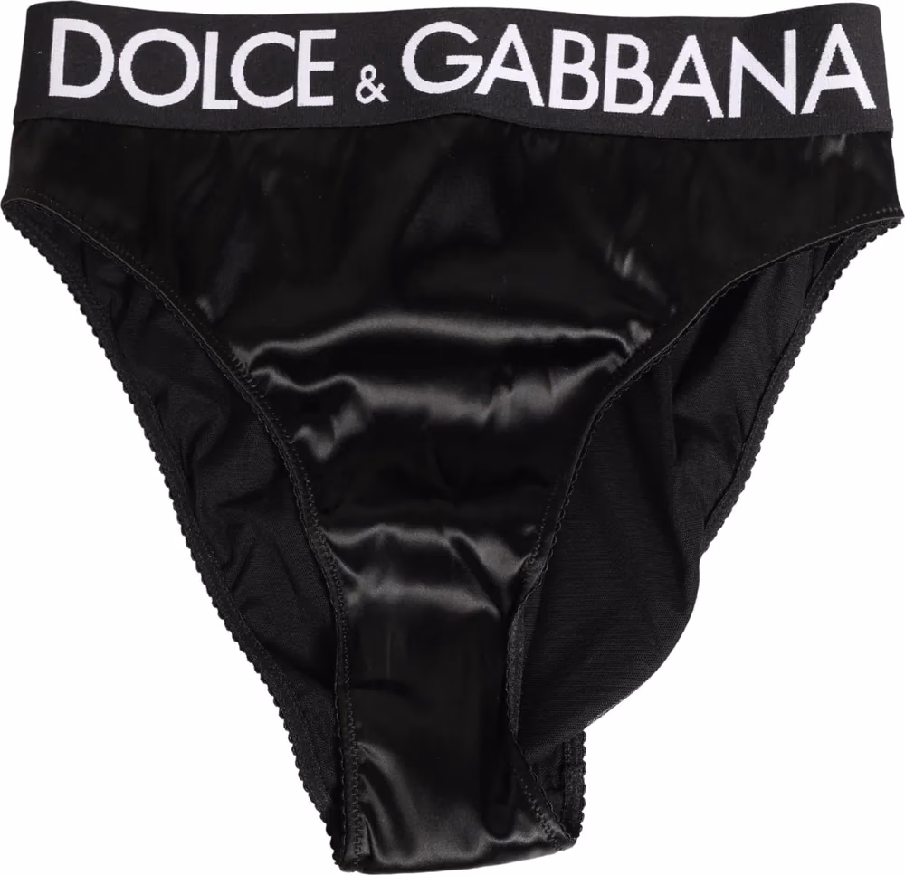 Dolce & Gabbana Black Satin High-Waist Brief Logo Women Underwear