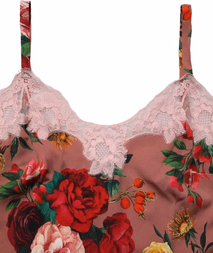 Dolce & Gabbana Brown Rose Print Satin Lace Camisole Tank Top