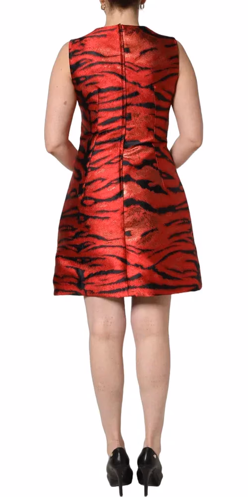 Dolce & Gabbana Red Black Tiger Print Jacquard Flared Dress