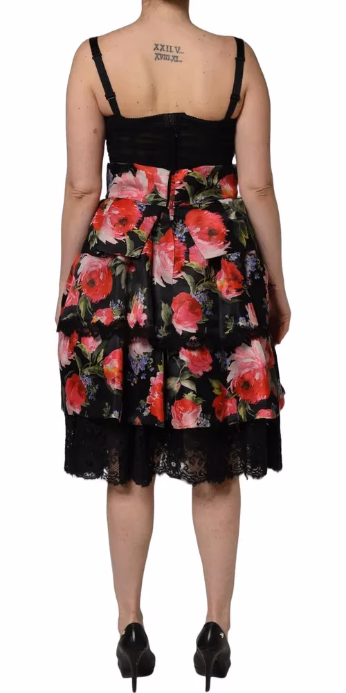 Dolce & Gabbana Black Sleeveless Bustier Floral Print Tiered Dress