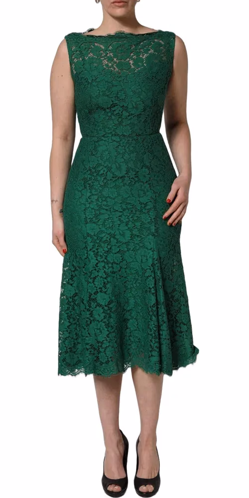 Dolce & Gabbana Green Floral Lace Cotton Sleeveless Midi Dress