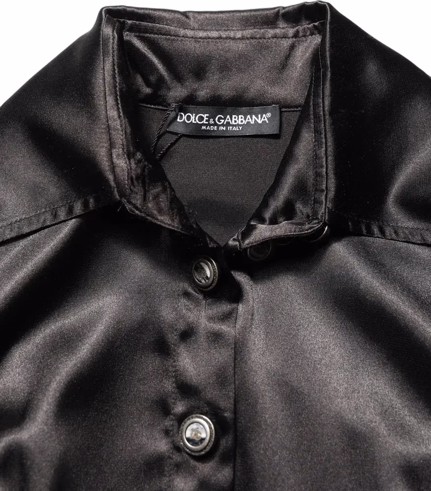 Dolce & Gabbana Black Satin Long Puff Sleeves Pleated Dress