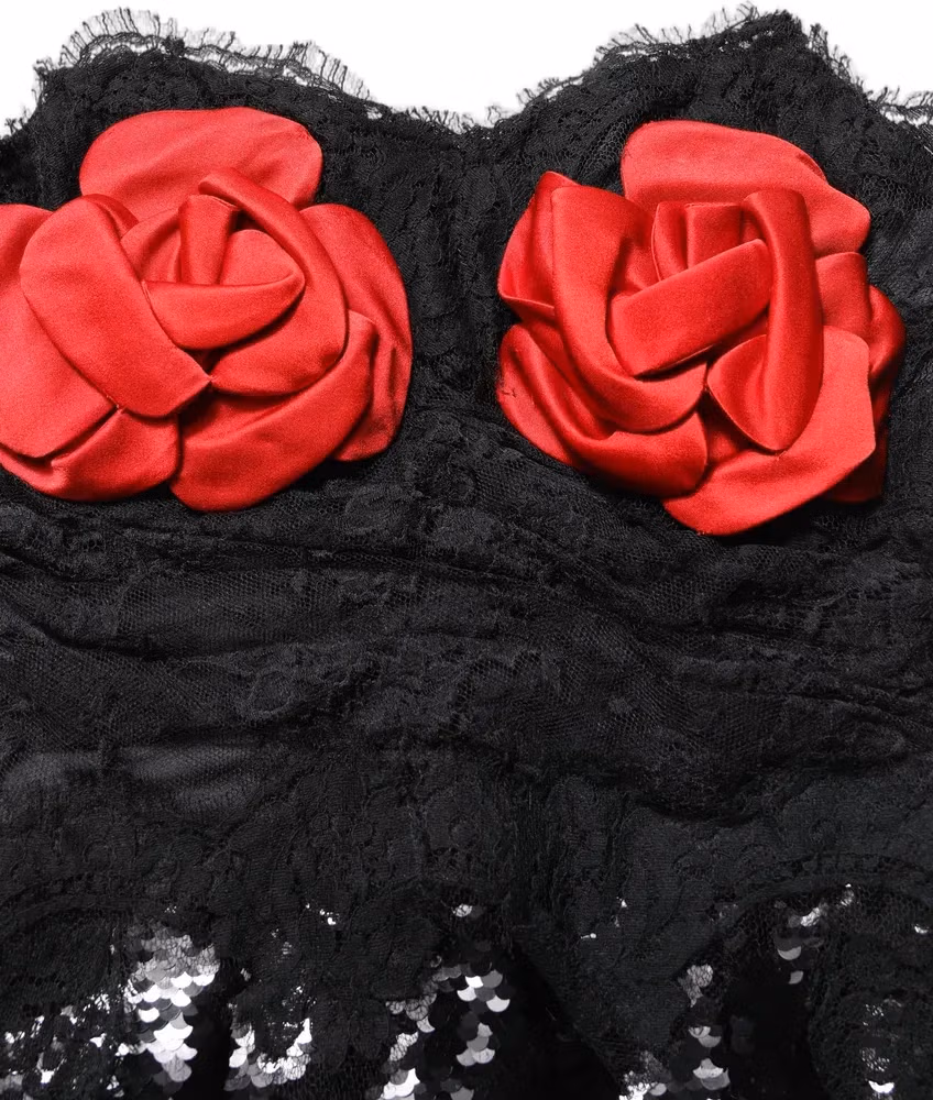 Dolce & Gabbana Black Strapless Red Rose Sequined Midi Dress