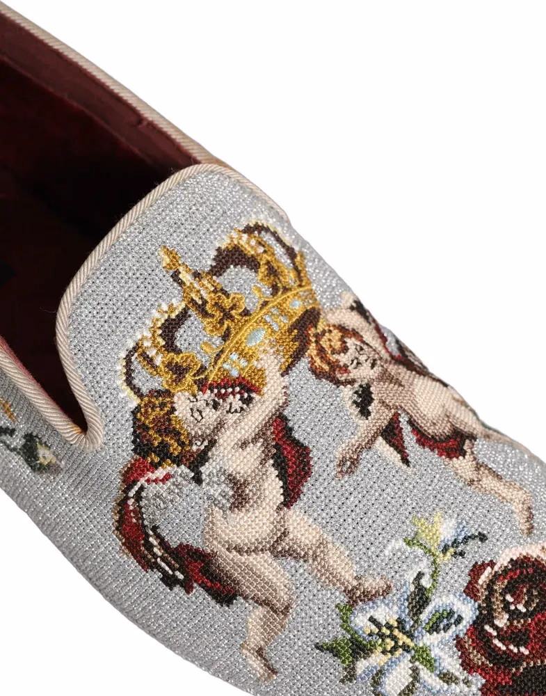 Dolce & Gabbana Gray Crown Rose Angel Embroidery Loafer Shoes