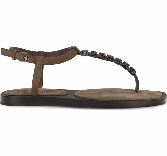 Brunello Cucinelli Brown Calf Leather Bos Taurus Flat Sandals