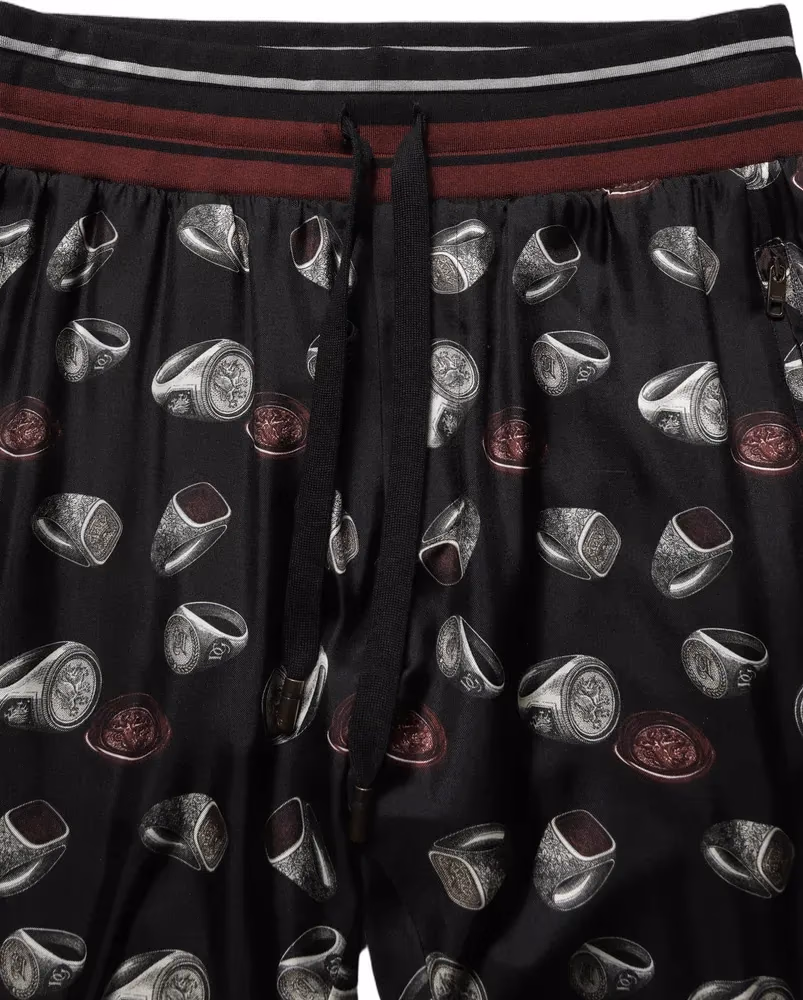 Dolce & Gabbana Pants Black Ring Print Silk Jogging Trousers