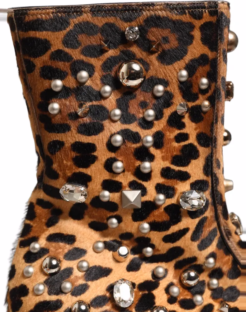 Dolce & Gabbana Brown Leopard Embellished Mid Calf Men Boots Shoes