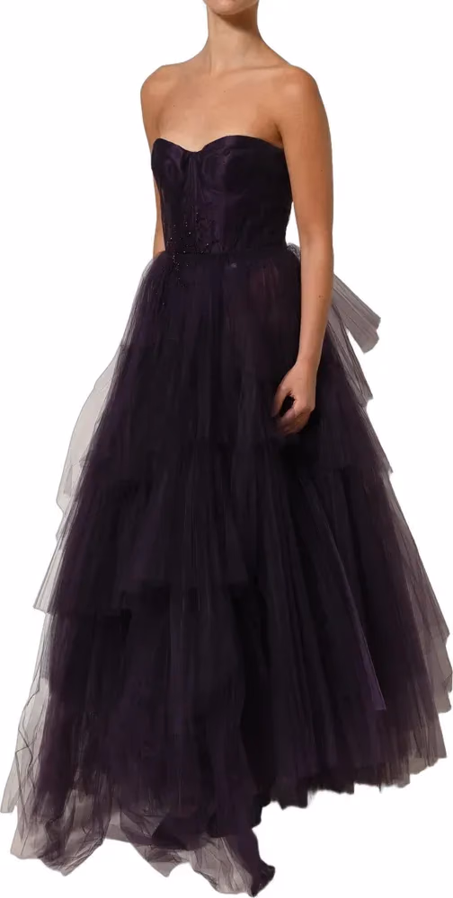 Dolce & Gabbana Purple Tiered Tulle Silk Long Gown Dress