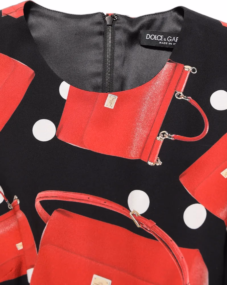 Dolce & Gabbana Black Handbag Print Long Sleeve Midi Dress
