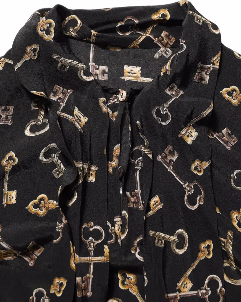Dolce & Gabbana Black Keys Print Silk Tie Neck Blouse Top