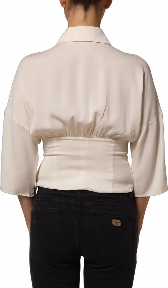Dolce & Gabbana Off White Ascot Collar Long Sleeves Blouse Top