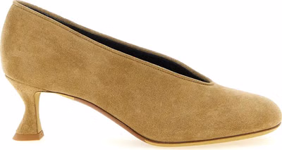 Beige Calfskin Mid Heel Pumps