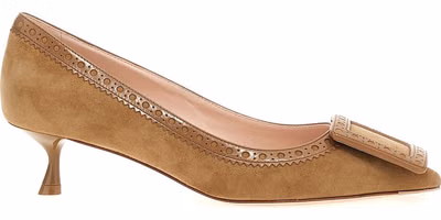 Beige Goatskin Mid Heel Pumps