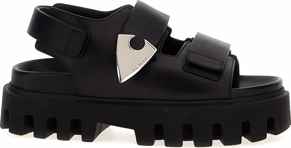 Alexander McQueen Black Calf Leather Bos Taurus Flat Sandals