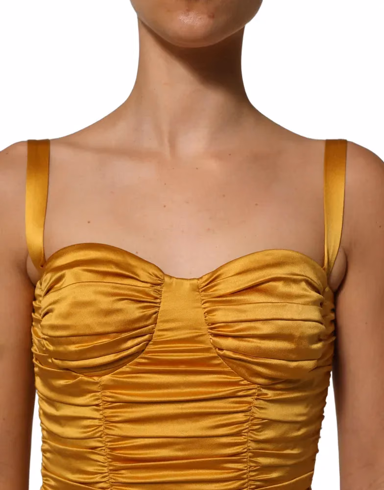 Dolce & Gabbana Gold Silk Ruched Bodycon Sheath Midi Dress