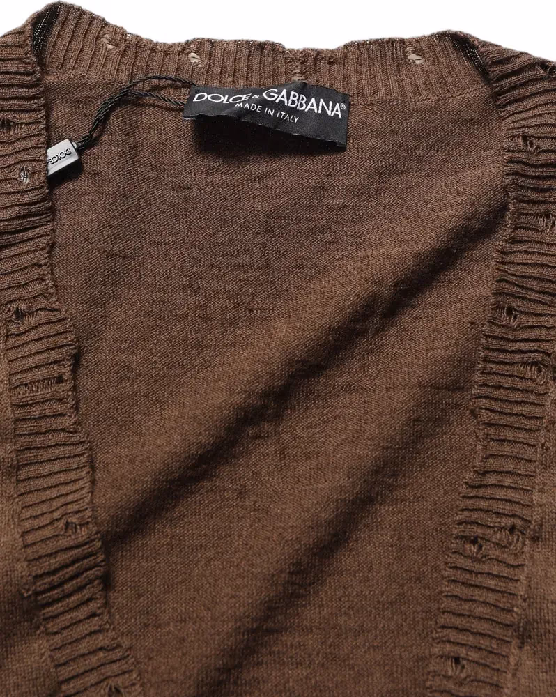 Dolce & Gabbana Brown Flax Buttoned V-neck Pullover Sweater