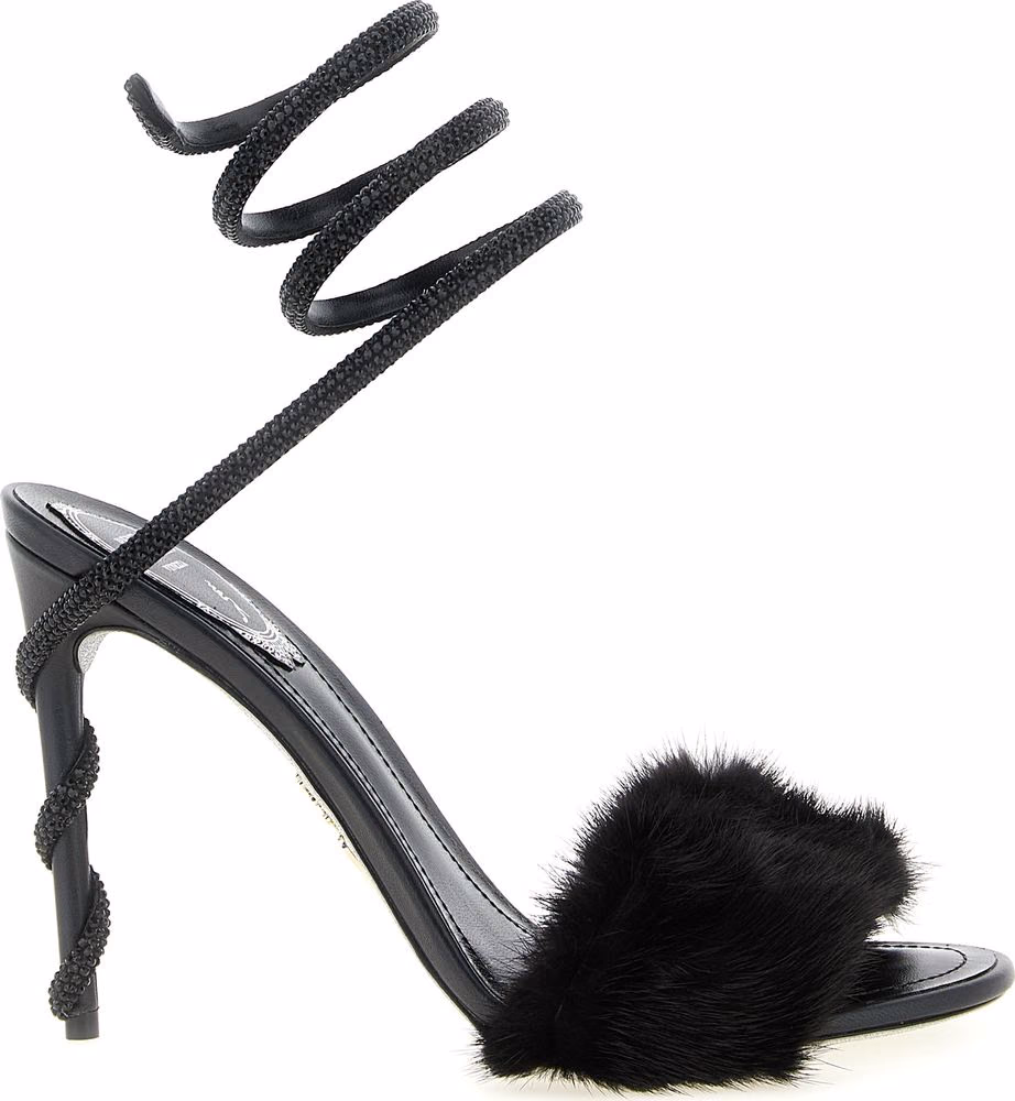 RENE CAOVILLA Black Leather Stiletto Heel Sandals