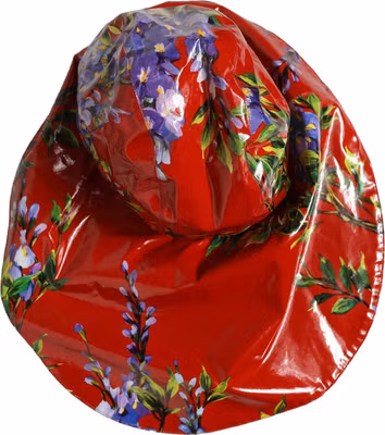 Glossy Red Floral Wide Brim Bucket Capello Hat