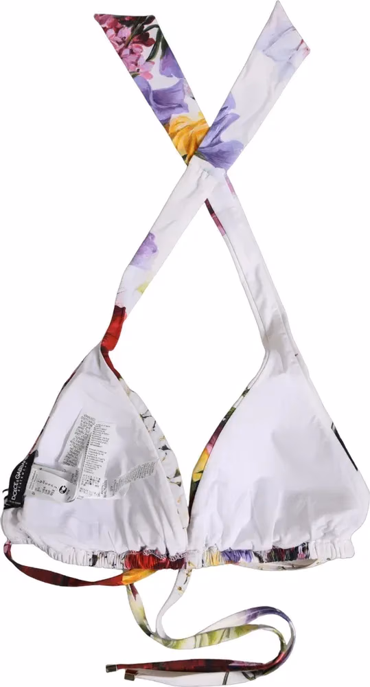 Dolce & Gabbana White Floral Print Triangle Beachwear Bikini Top
