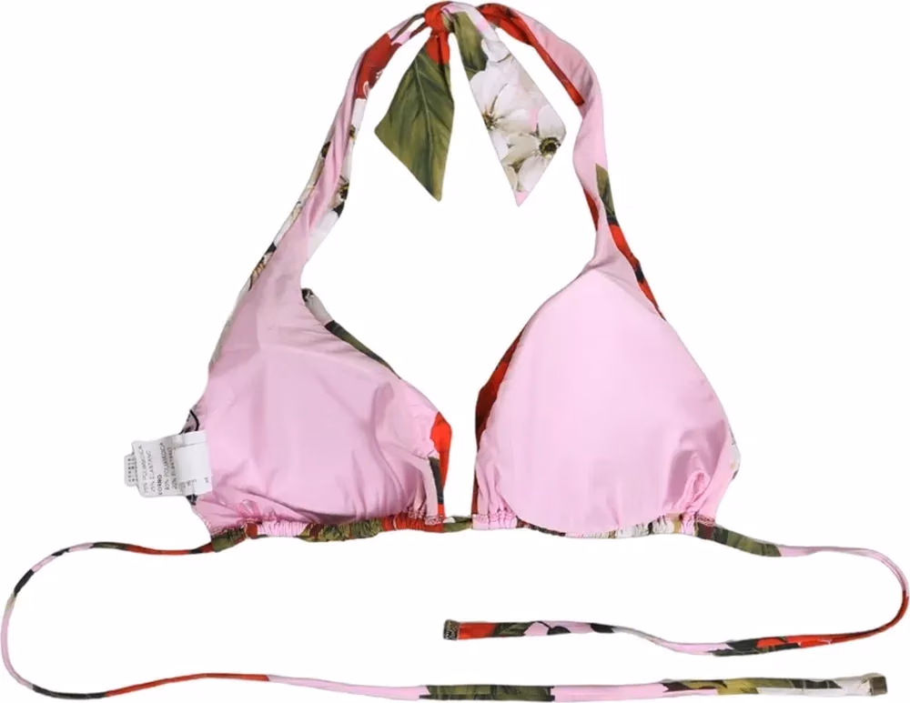 Dolce & Gabbana Pink Floral Print Triangle Beachwear Bikini Top