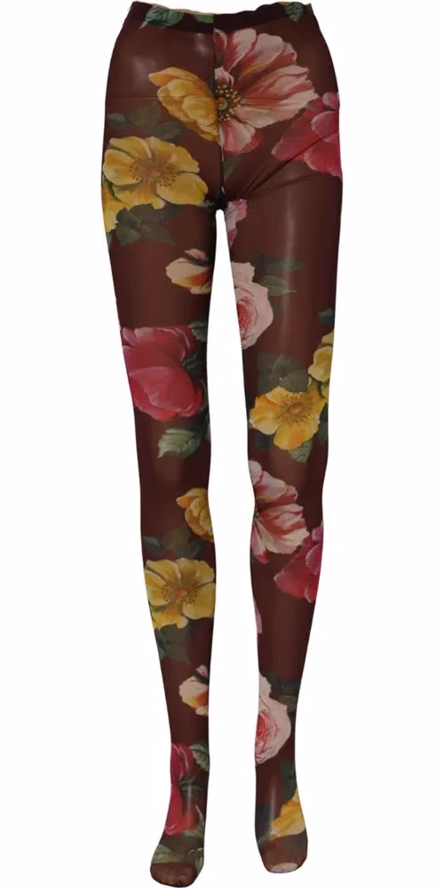 Dolce & Gabbana Maroon Floral Print Tights Sheer Stockings Socks