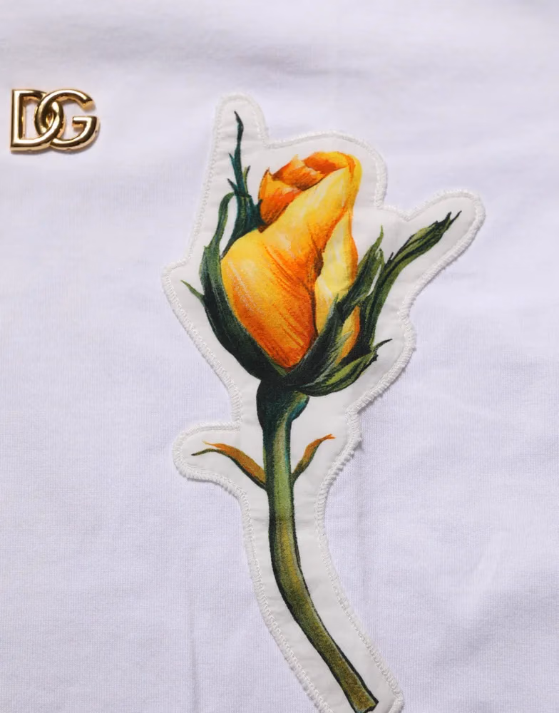 Dolce & Gabbana White Cotton Rose Patch Crew Neck T-shirt