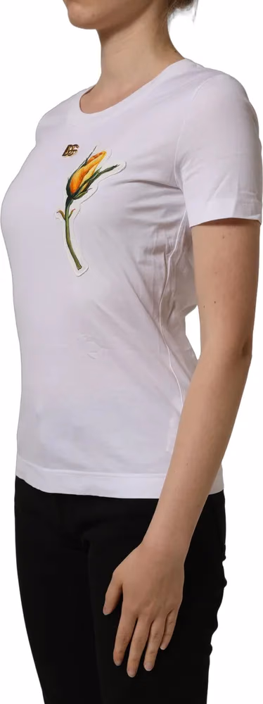 Dolce & Gabbana White Cotton Rose Patch Crew Neck T-shirt
