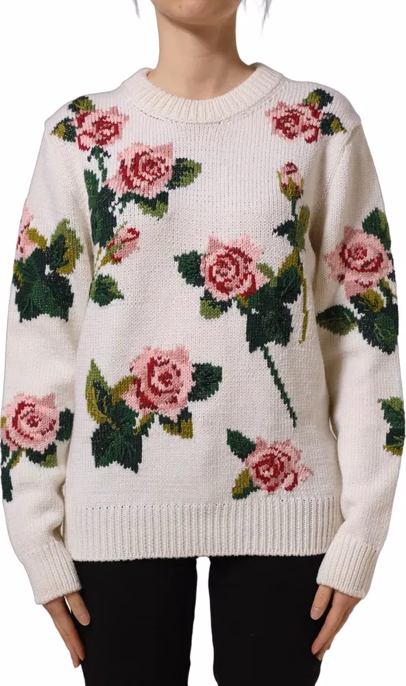 Dolce & Gabbana White Wool Floral Crew Neck Pullover Sweater