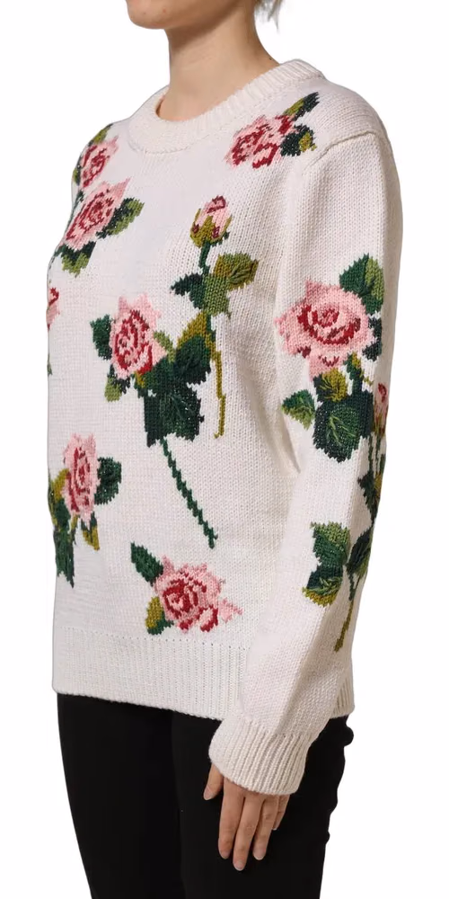 Dolce & Gabbana White Wool Floral Crew Neck Pullover Sweater