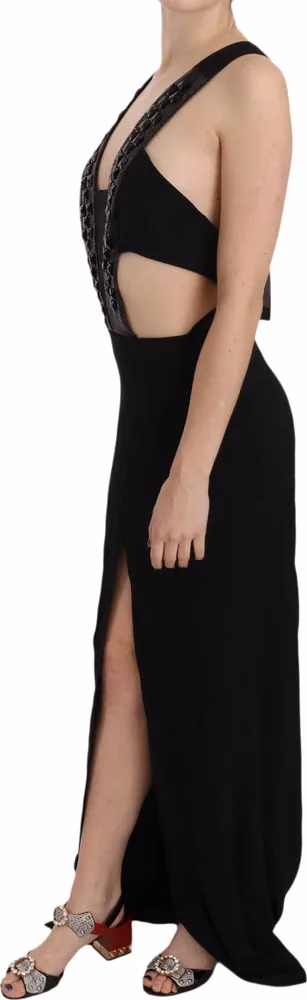 John Richmond Black Crystal Leather Gown Flare Dress