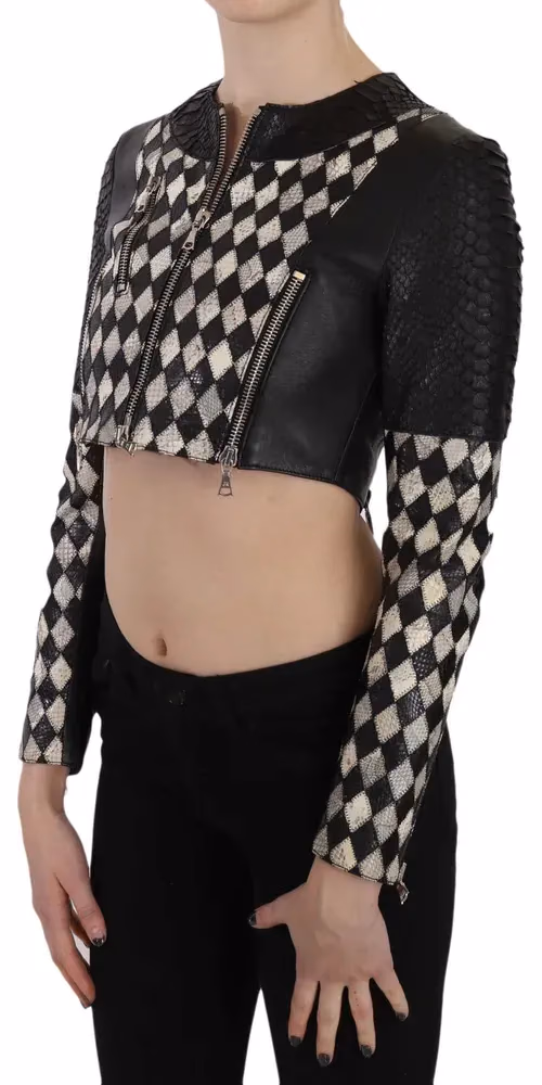 John Richmond Black White Leather Short Cropped Biker Jacket Coat