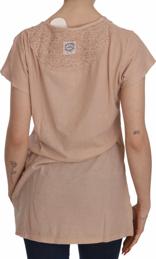PINK MEMORIES Pink Cream Lace Short Sleeve Shirt Top Cotton Blouse