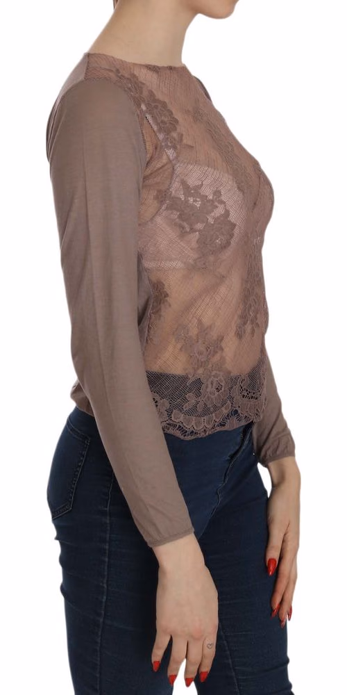 PINK MEMORIES Brown Lace See Through Long Sleeve Top