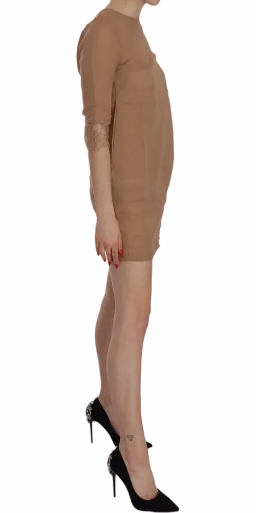 PINK MEMORIES Brown 3/4 Sleeve Crewneck Shift Mini Dress